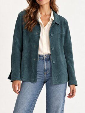 Vintage Modern Images Teal Cerdo Pigskin Suede Leather Jacket XL Y2K